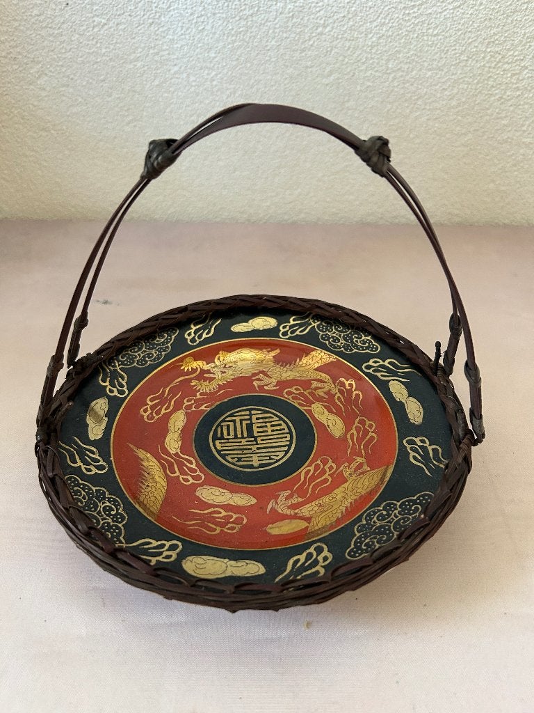 Vintage Chinese porseleinen schaal in bamboe mand, Ophalen of Verzenden