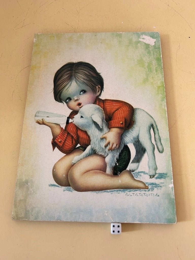 Vintage wandpaneel Altarriba kind met lammetje 19x26,5 cm, Antiek en Kunst, Ophalen of Verzenden