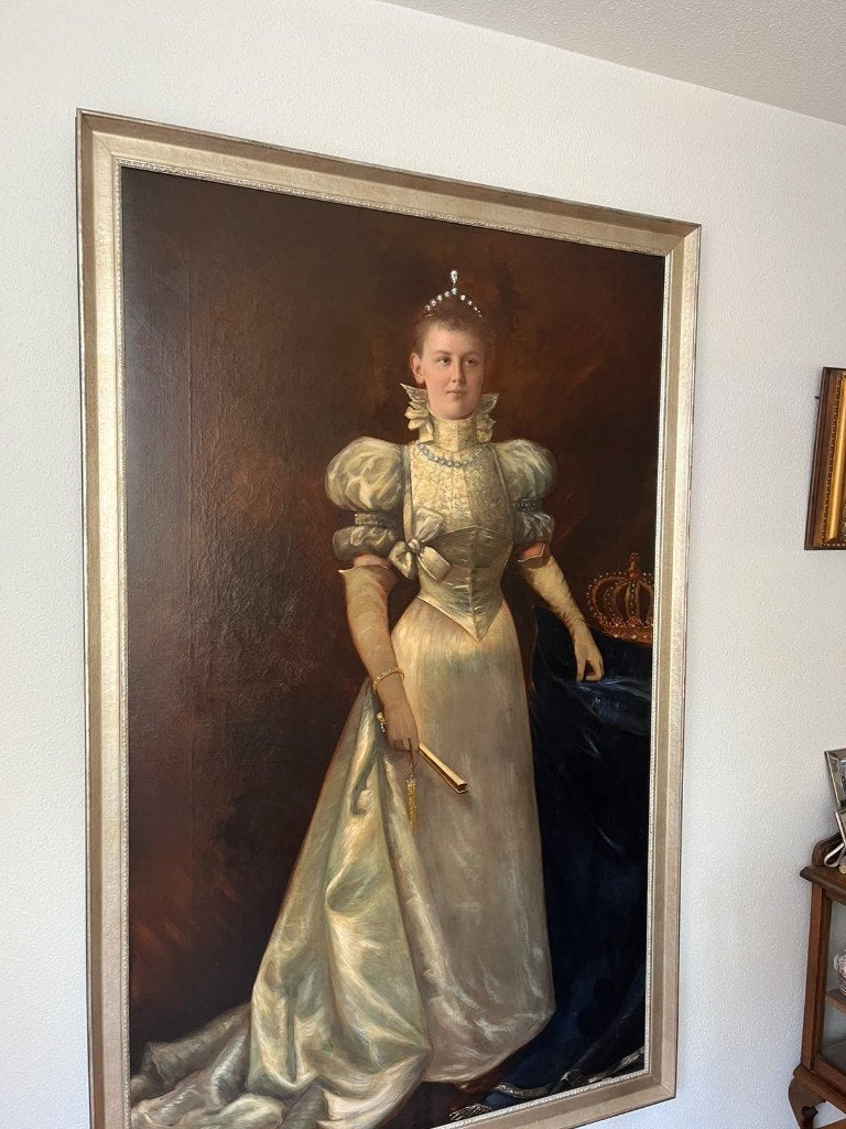 schilderstuk Koningin Wilhelmina (ca125 jaar oud), Antiek en Kunst, Doek, Portret of Personen, Ophalen of Verzenden, Olieverf