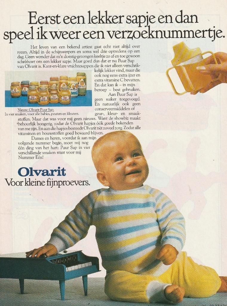 retro reclame 1985 Nutricia Olvarit baby met orgel, Verzamelen, Retro, Overige typen, Verzenden