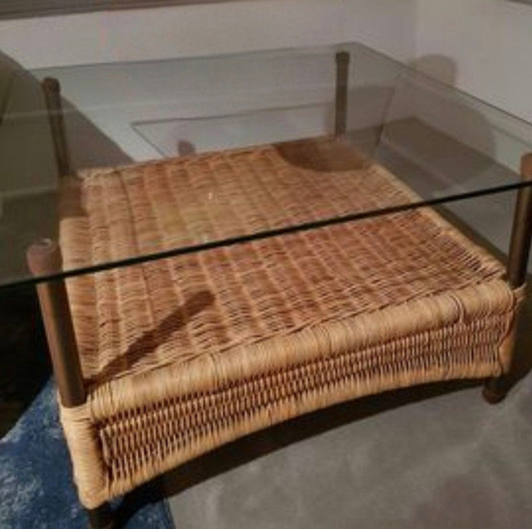 Rieten tafels met glazenplaat 3 stuks, 50 tot 100 cm, Vierkant, Zo goed als nieuw, 5 – 50