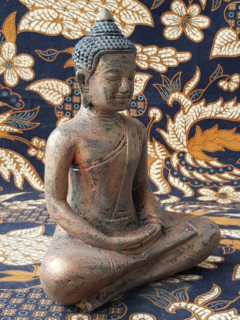 Mooi origineel antiek Oosters beeld van Boeddha 25 cm., Hout, Gesneden, Goud, Ophalen of Verzenden