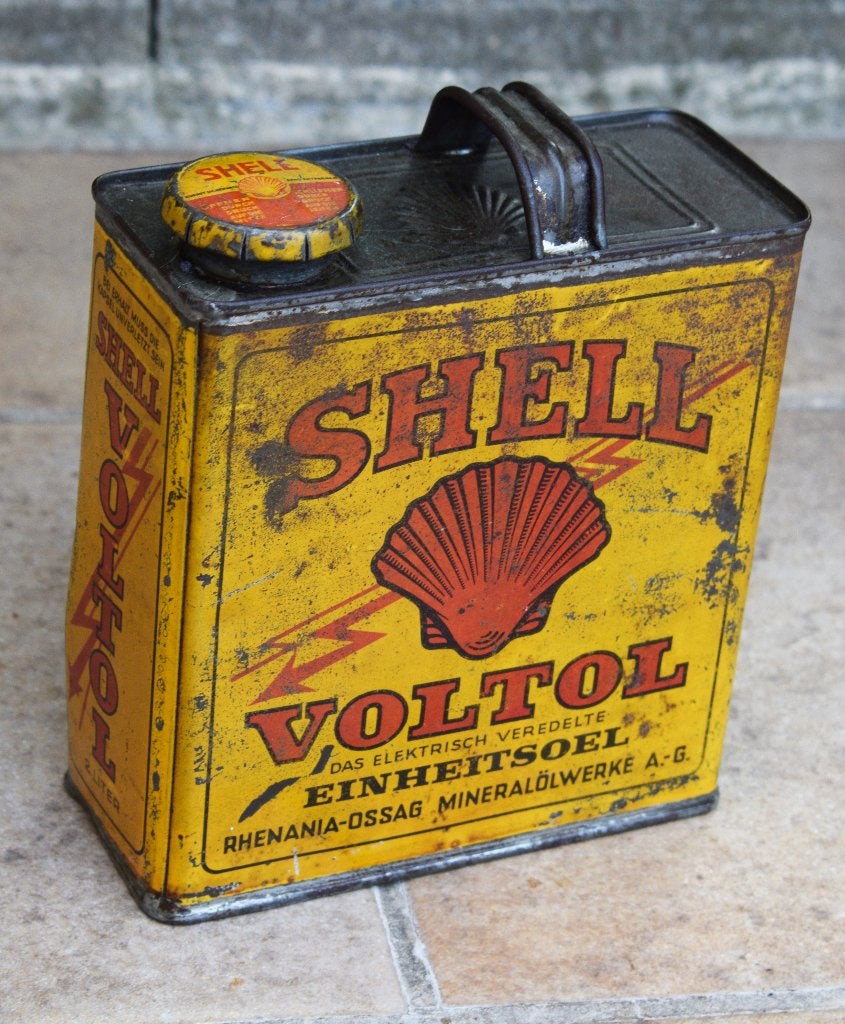 Zeldzame Duitse Shell Voltol olie blik uit 1930, Ophalen of Verzenden, Gebruikt, Reclamebord