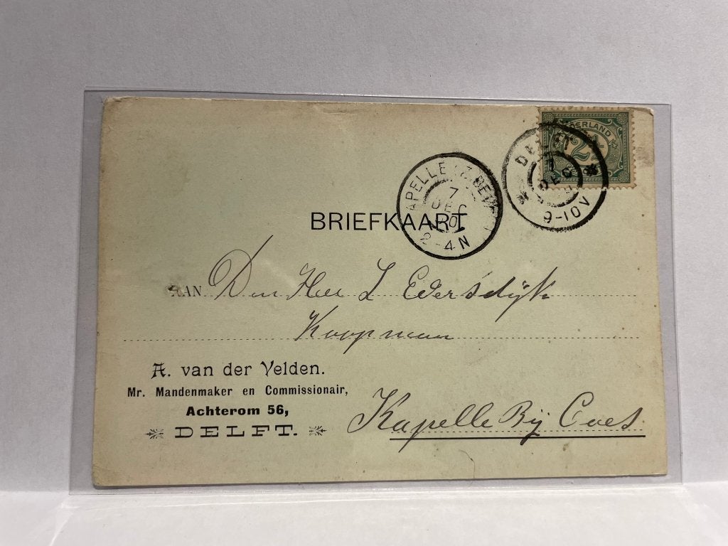 Briefkaart - Delft - A. van der Velden, Verzenden, Voor 1920, Gelopen, Zuid-Holland