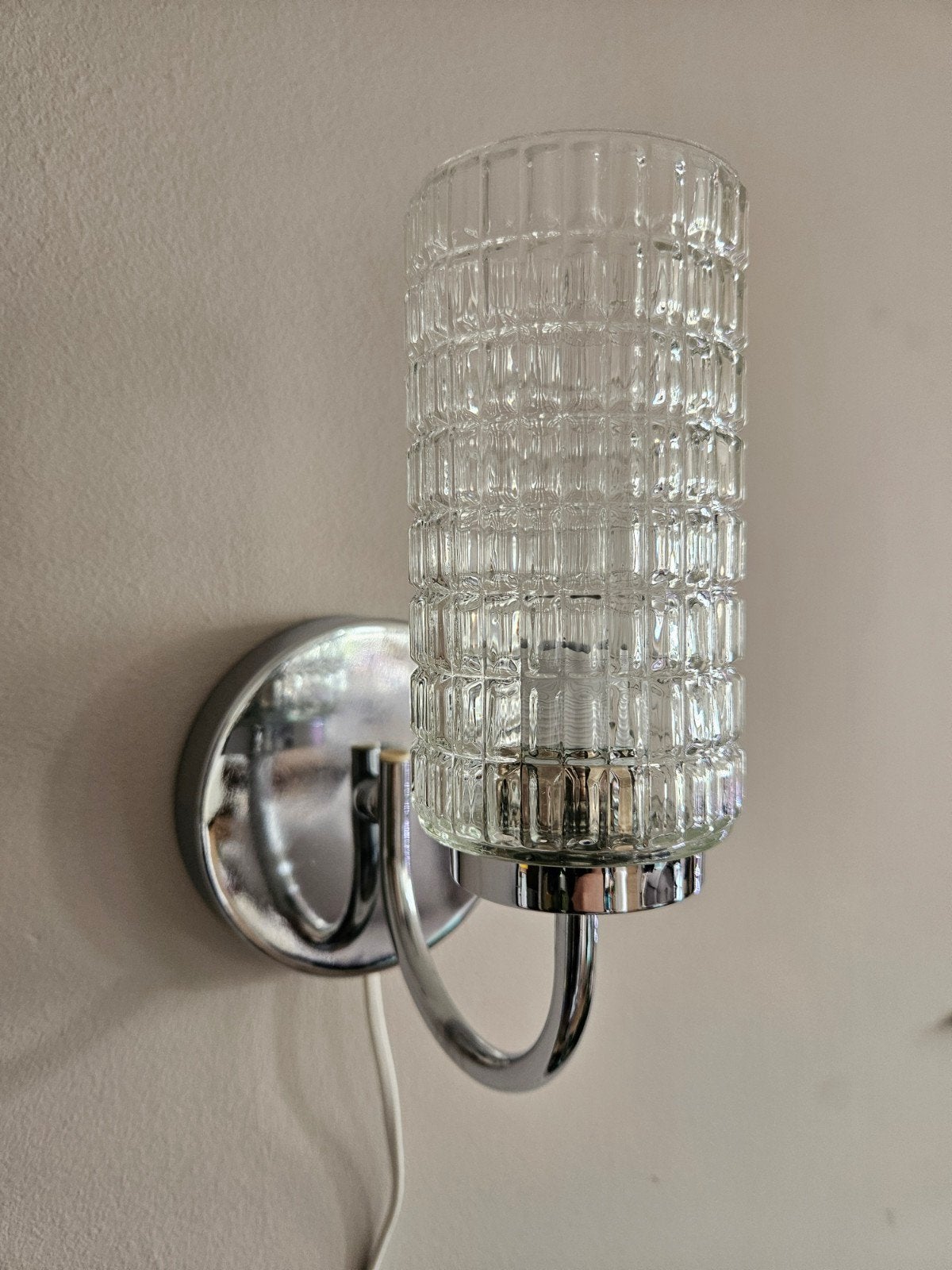 Vintage wandlamp – chroom & structuur glas retro lamp, Nachtlamp, Zilver, E27 (groot), Ophalen of Verzenden