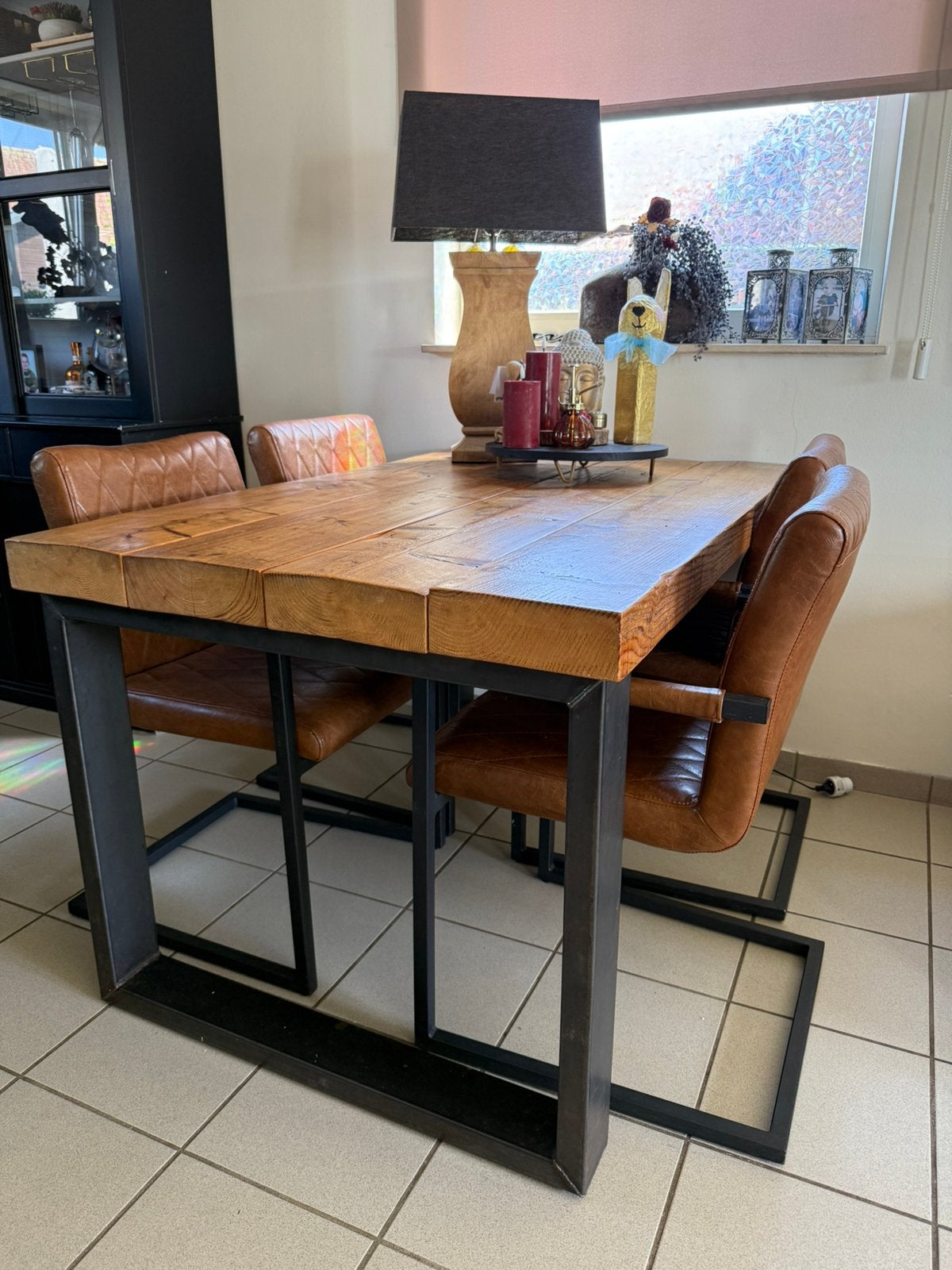 Boomstamtafel-4pers. Van Betoverende tafel + stalen frame, Huis en Inrichting, Tafels | Eettafels, 200 cm of meer, Zo goed als nieuw