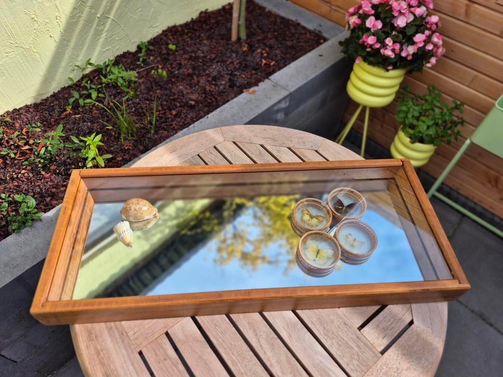 Vintage houten vitrine kist display bak met schuifdeksel, Ophalen