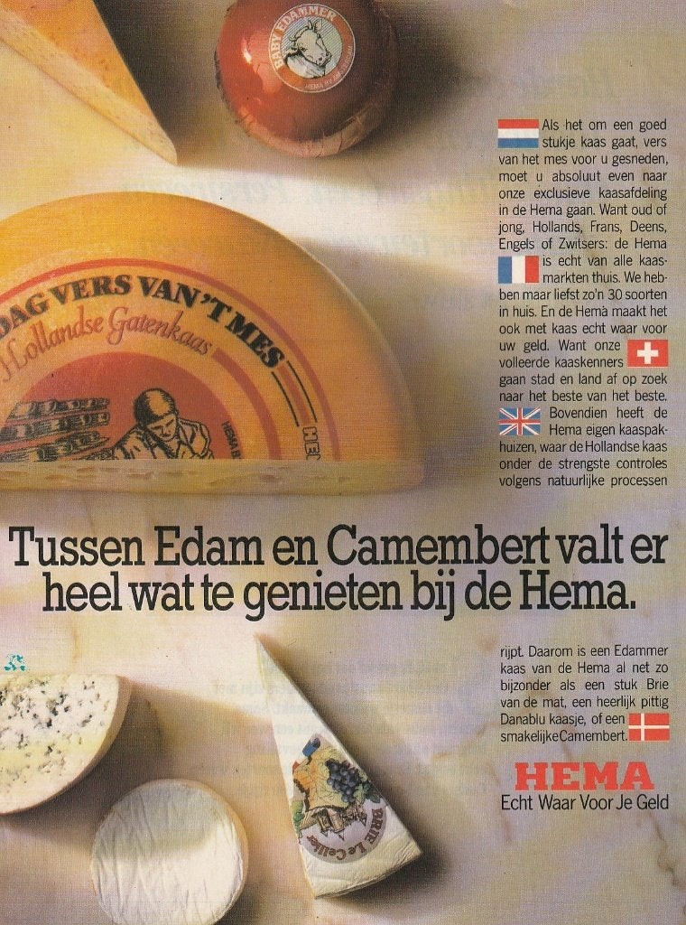 Retro reclame 1987 Hema zuivel lekkerste kazen, Verzenden, Overige typen