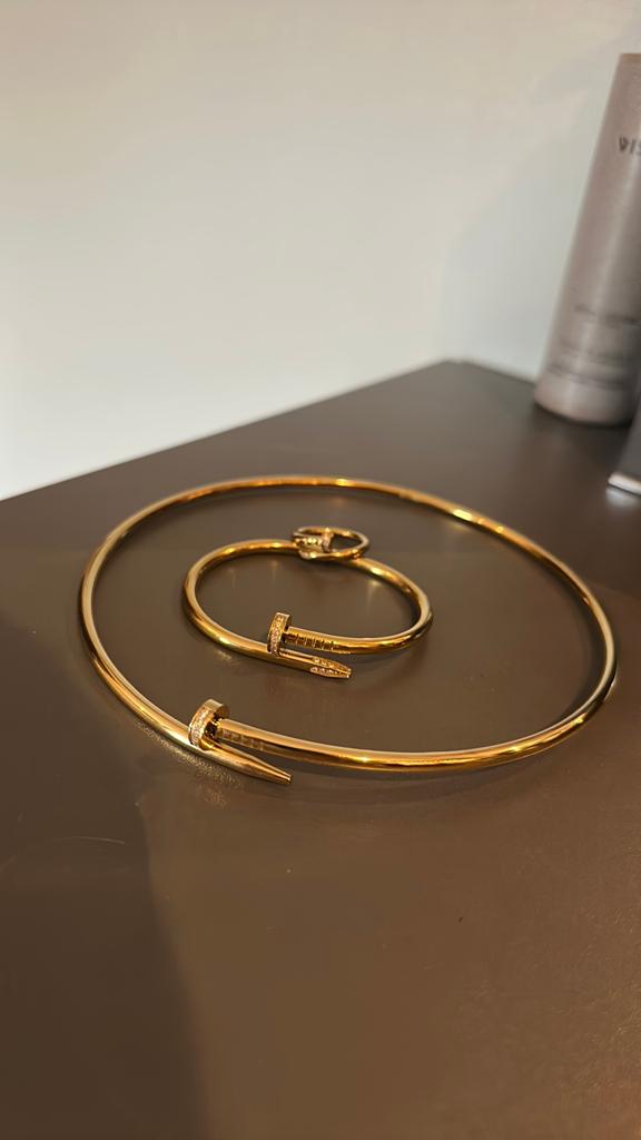 Set ketting armband en ring look a like Car tier gous strass, Verzenden, Zo goed als nieuw, Zilver, Overige materialen