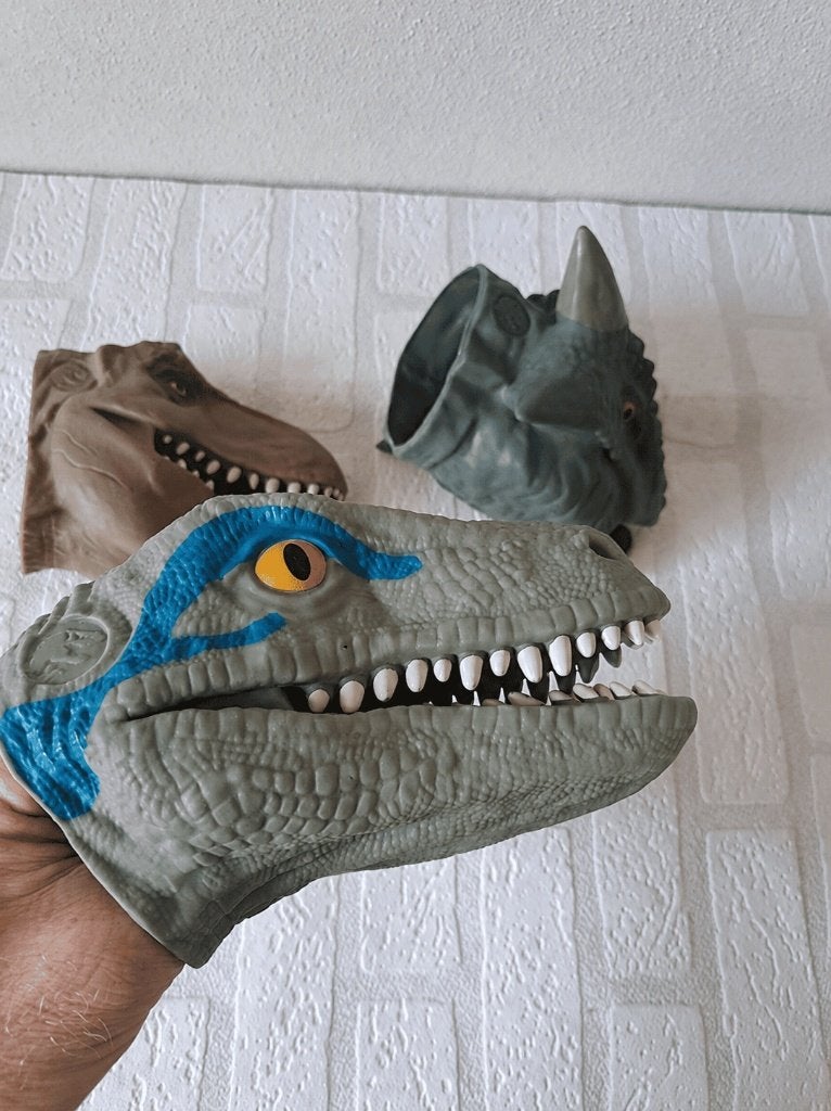Set 3 stuks Dinosaurus handpoppen, rubber, Ophalen of Verzenden, Zo goed als nieuw