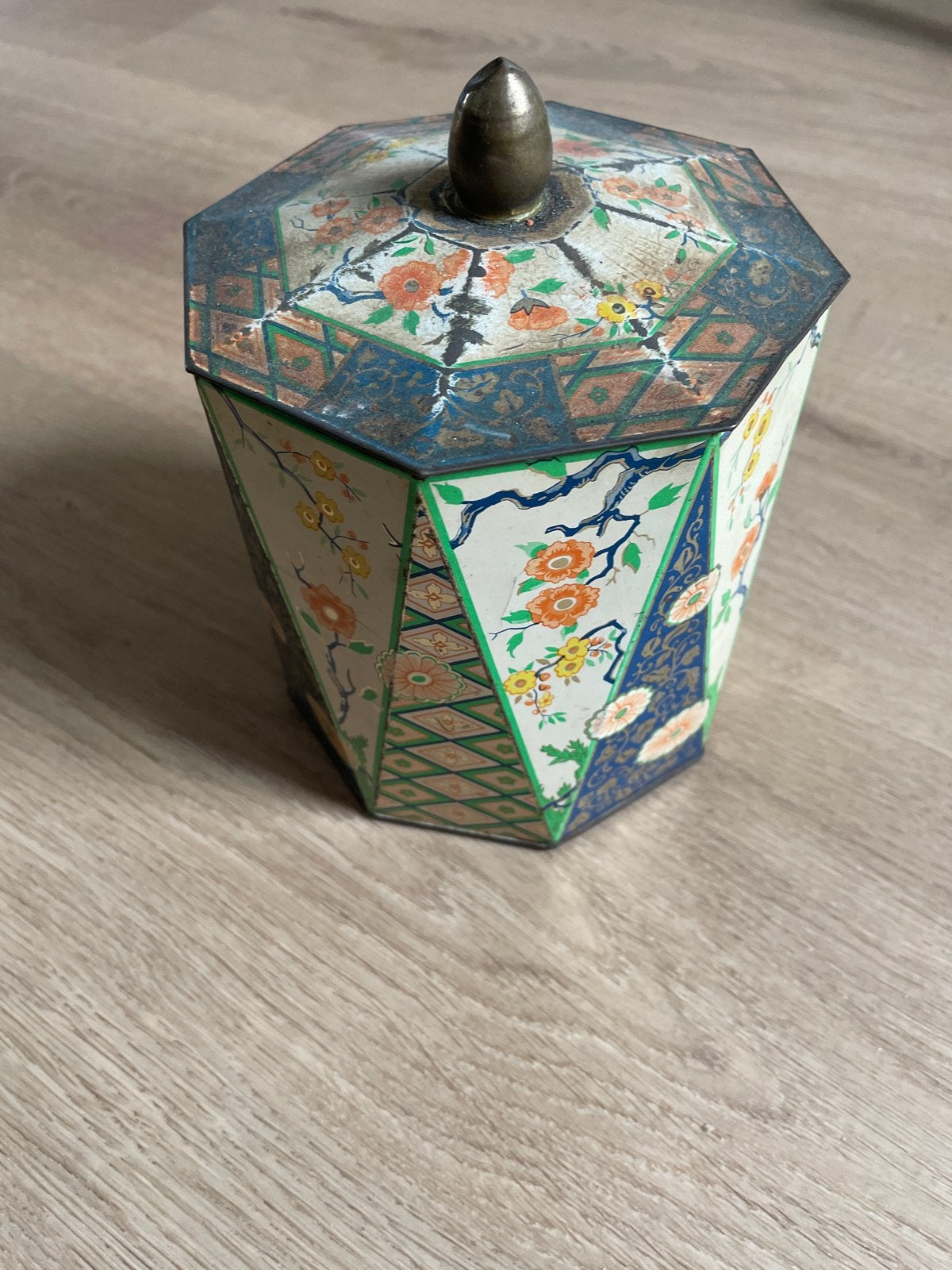 Antiek blikken trommeltje met bloemmotief, Ophalen of Verzenden