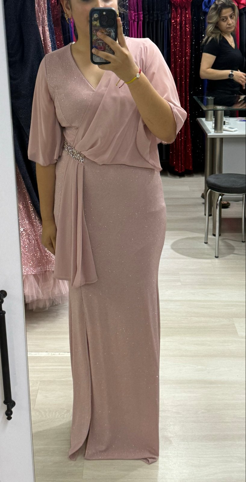 Elegante Roze Glitter Avondjurk met Drapering, Ophalen, Maat 46/48 (XL) of groter, Nieuw, Roze