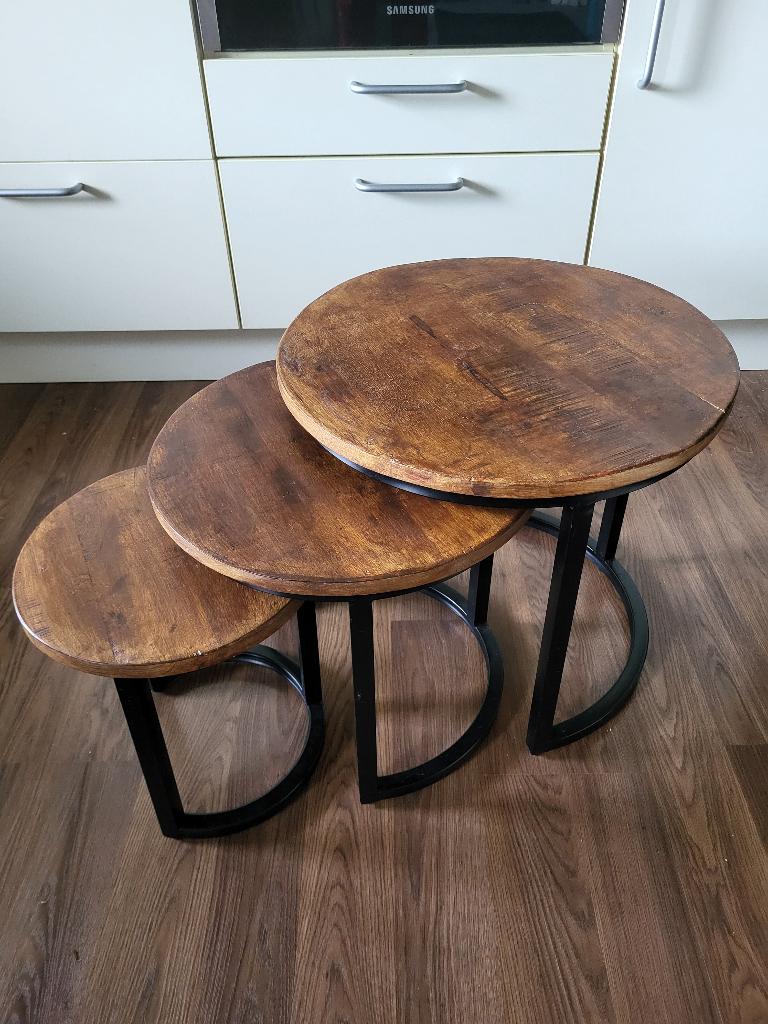 Set van 3 biizettafels, salontafels,  industrieel, mangohout, Ophalen, Minder dan 50 cm, Rond, Minder dan 50 cm