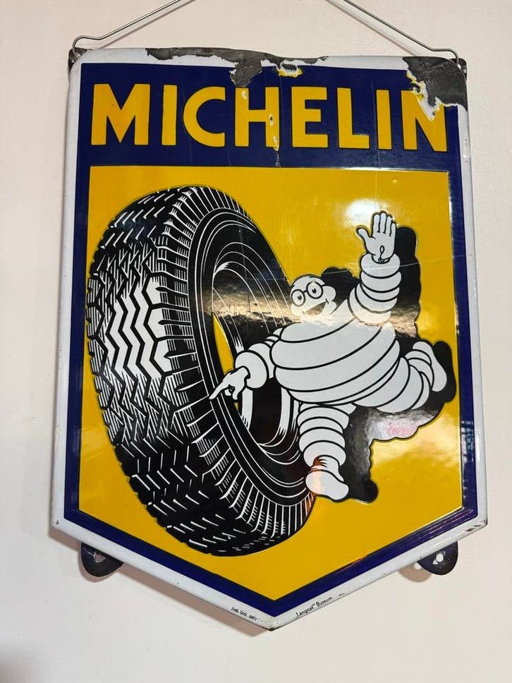 Vintage Michelin Emaille Reclamebord, Reclamebord, Gebruikt, ., Ophalen of Verzenden