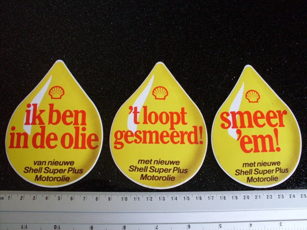 3x sticker in de olie smeer 'm! loopt gesmeerd! shell oil, Verzenden, Zo goed als nieuw, Merk