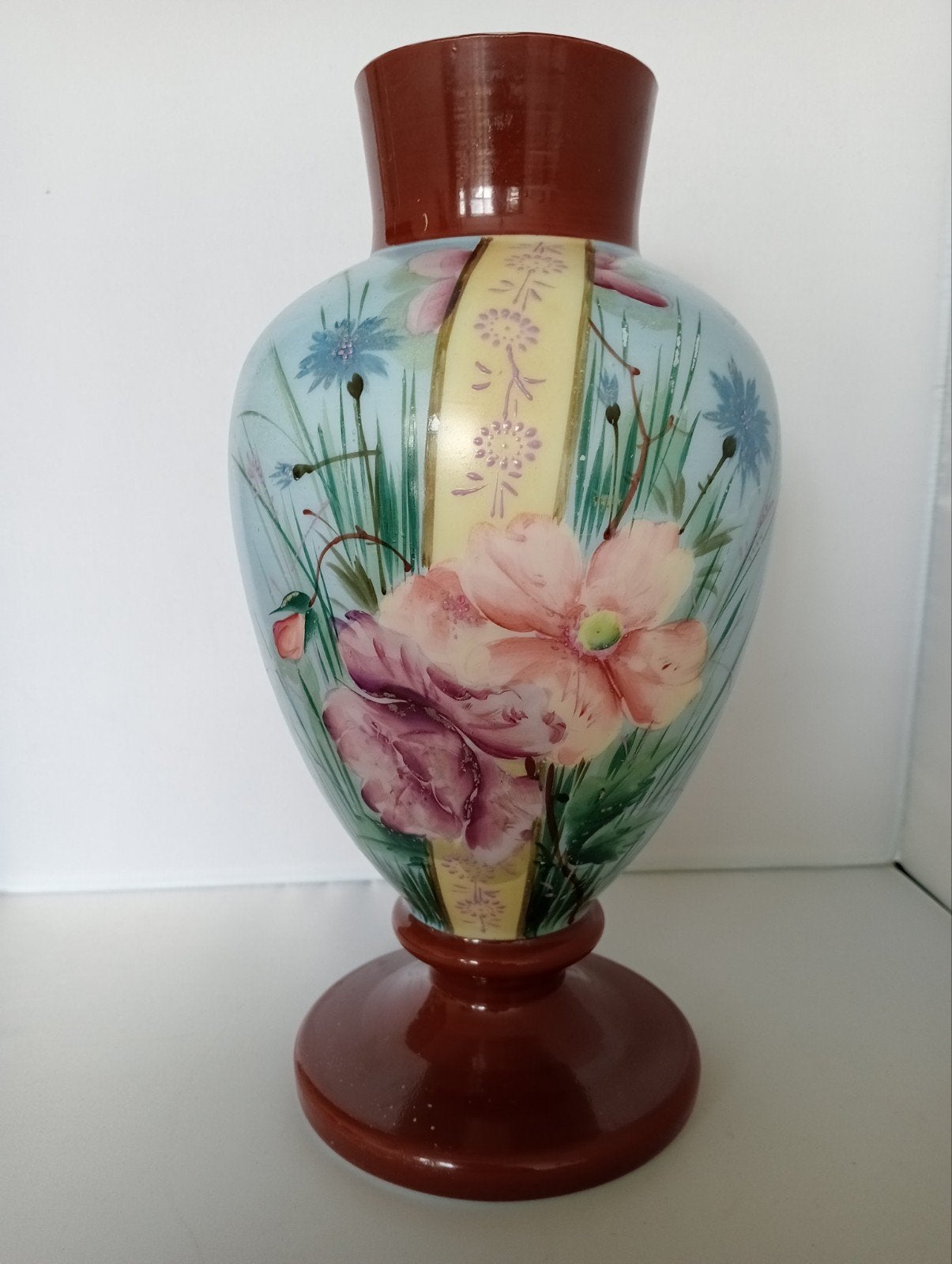 Vintage Vaas  hand beschilderd bloem motief  glas, Antiek en Kunst, Ophalen of Verzenden
