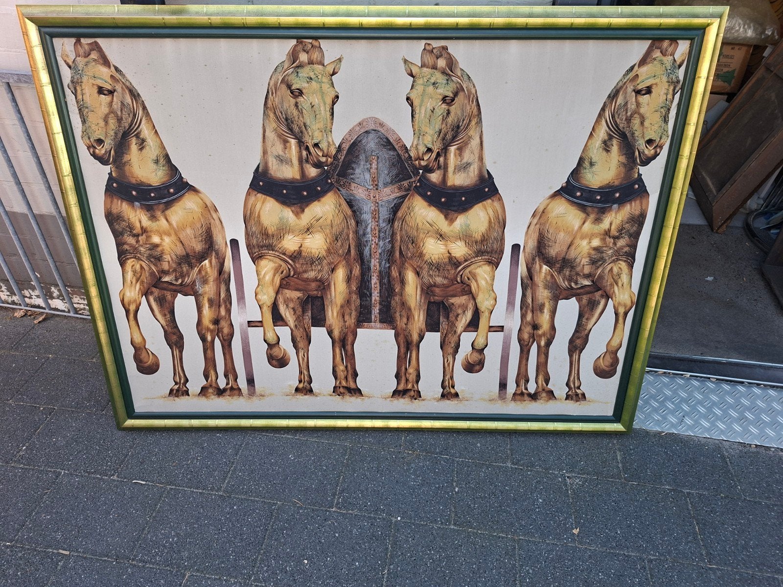 Groot schilderij met vier paarden en strijdwagen, Ophalen of Verzenden