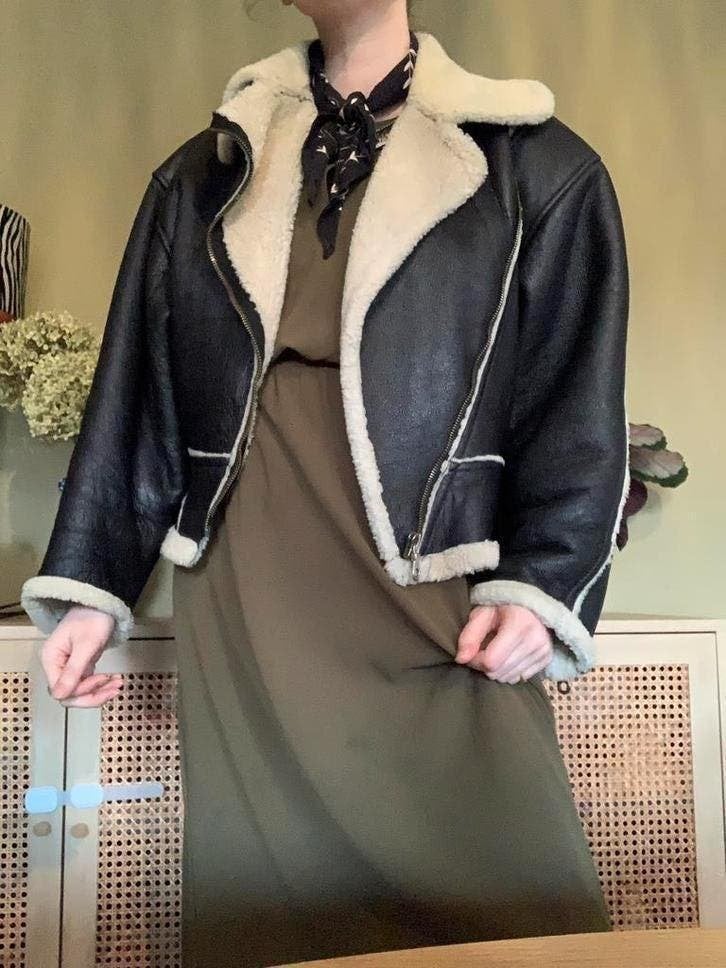 Vintage cropped lammy coat S M bomberjack gevoerd, -, Zwart, -, Ophalen of Verzenden