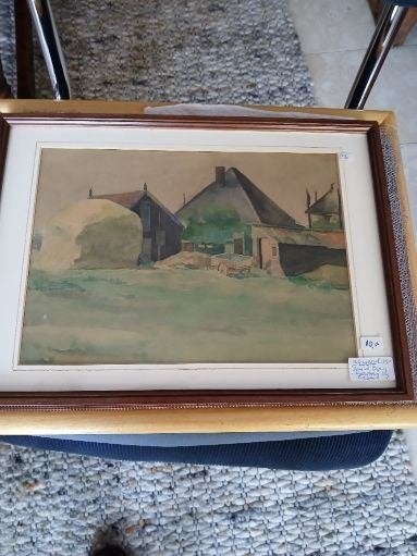aquarel van Boerderij in N-H; F.vd Berg,Edam,(adv.nr.378), Antiek en Kunst, Kunst | Schilderijen | Klassiek, Origineel werk, Ophalen of Verzenden