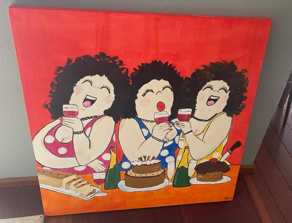 Vrolijk schilderij van Maja 13 met dames en taart, Ophalen of Verzenden
