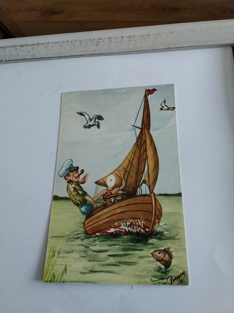 VISSER MET PIJP IN ZEILBOOTJE. / meeuwen en vis, Verzamelen, Ansichtkaarten | Themakaarten, Ophalen of Verzenden, Voor 1920, Overige thema's
