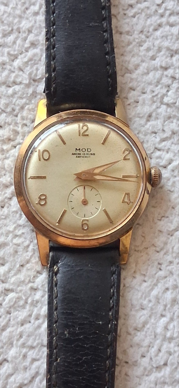 Vintage MOD Polshorloge - Verguld met Leren Bandje, Overige merken, Overige materialen, Polshorloge, 1930 tot 1960