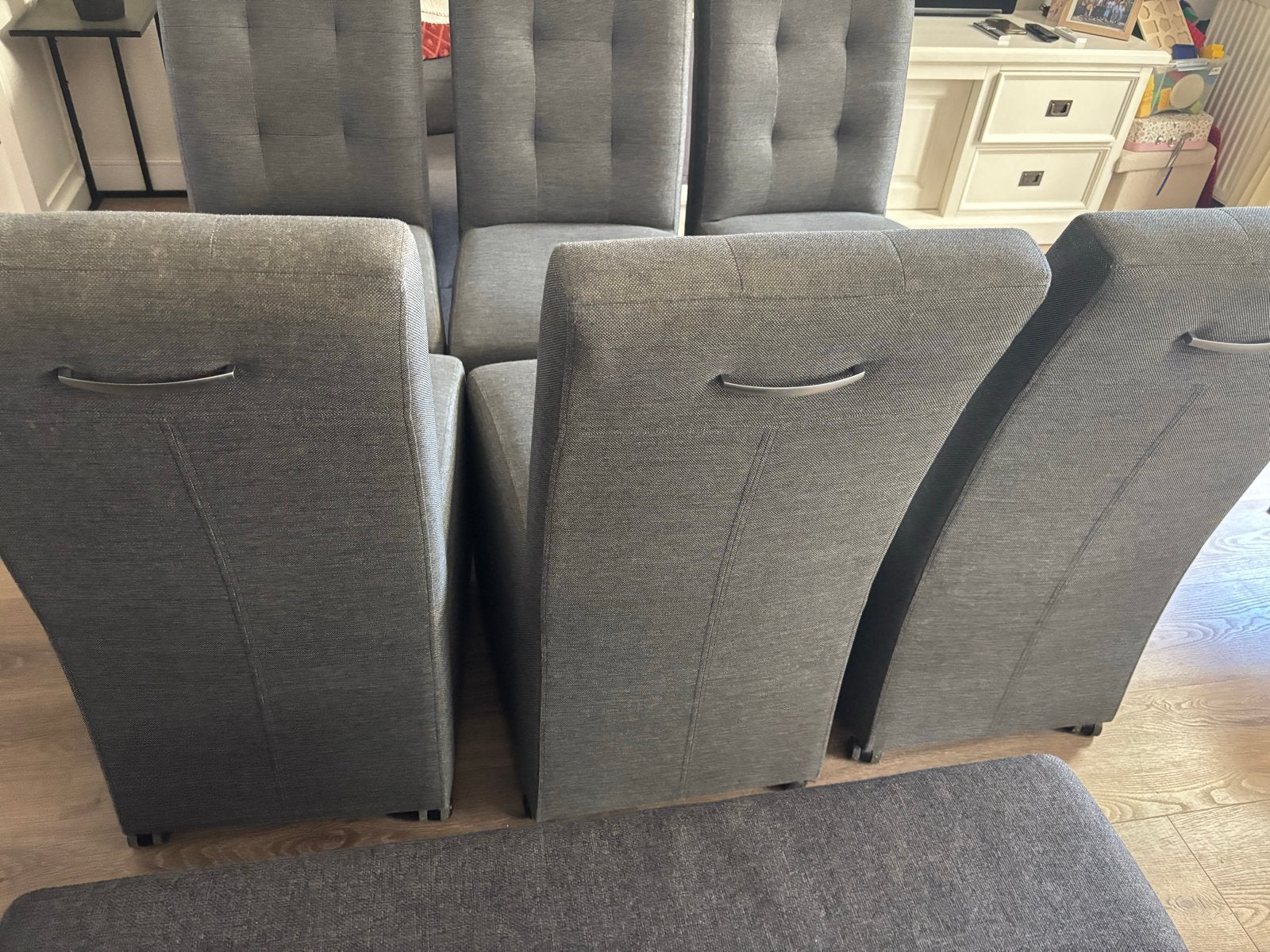 6 grijze eetkamerstoelen - Gebruikt, verrijdbaar, met handva, Ophalen, Gebruikt, Vijf, Zes of meer stoelen, Stof