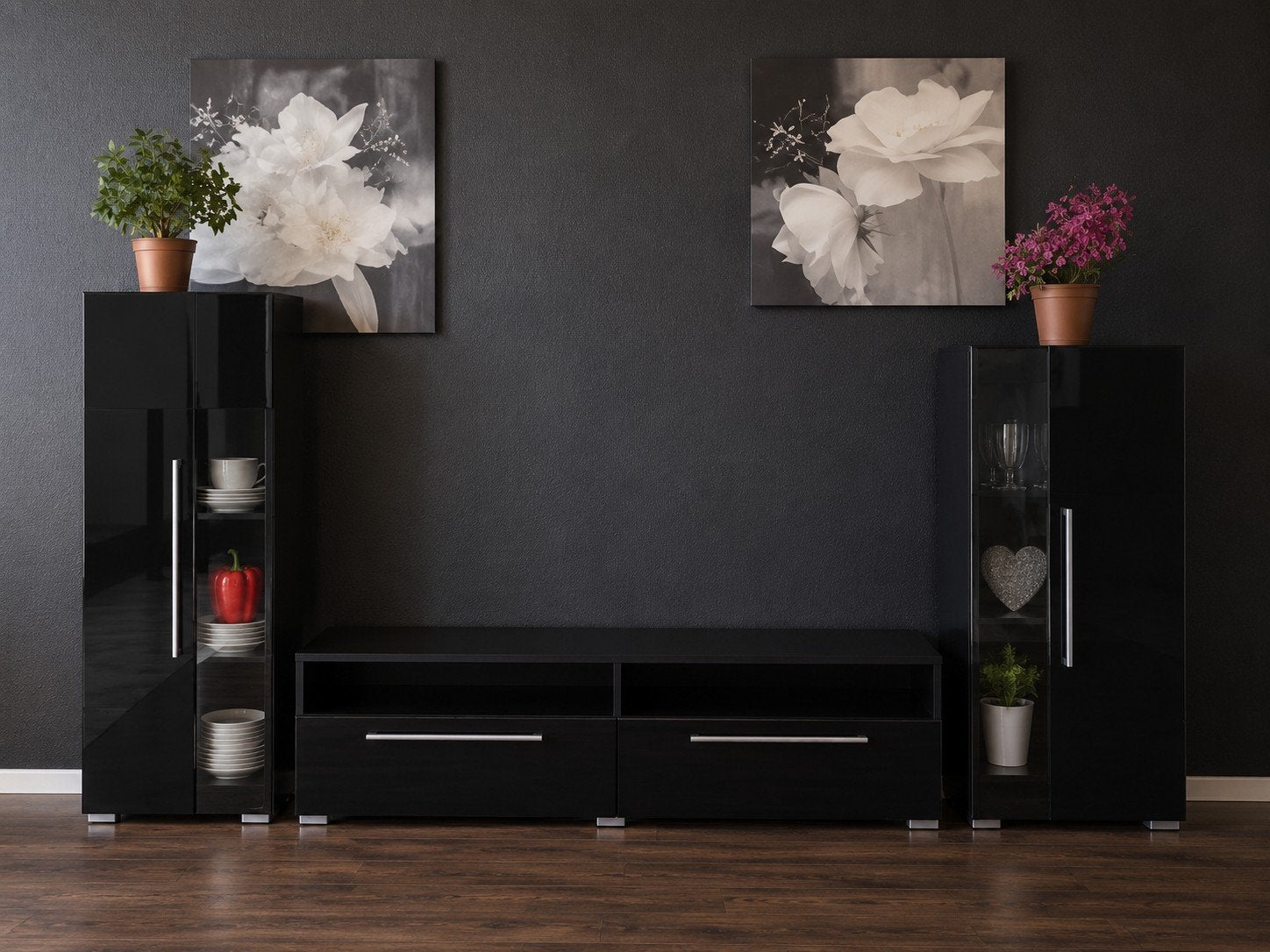 Modern zwart hoogglans tv-meubel met vitrinekasten, Huis en Inrichting, Kasten | Vitrinekasten, Ophalen, Modern, Hoogglans, Met deur(en)