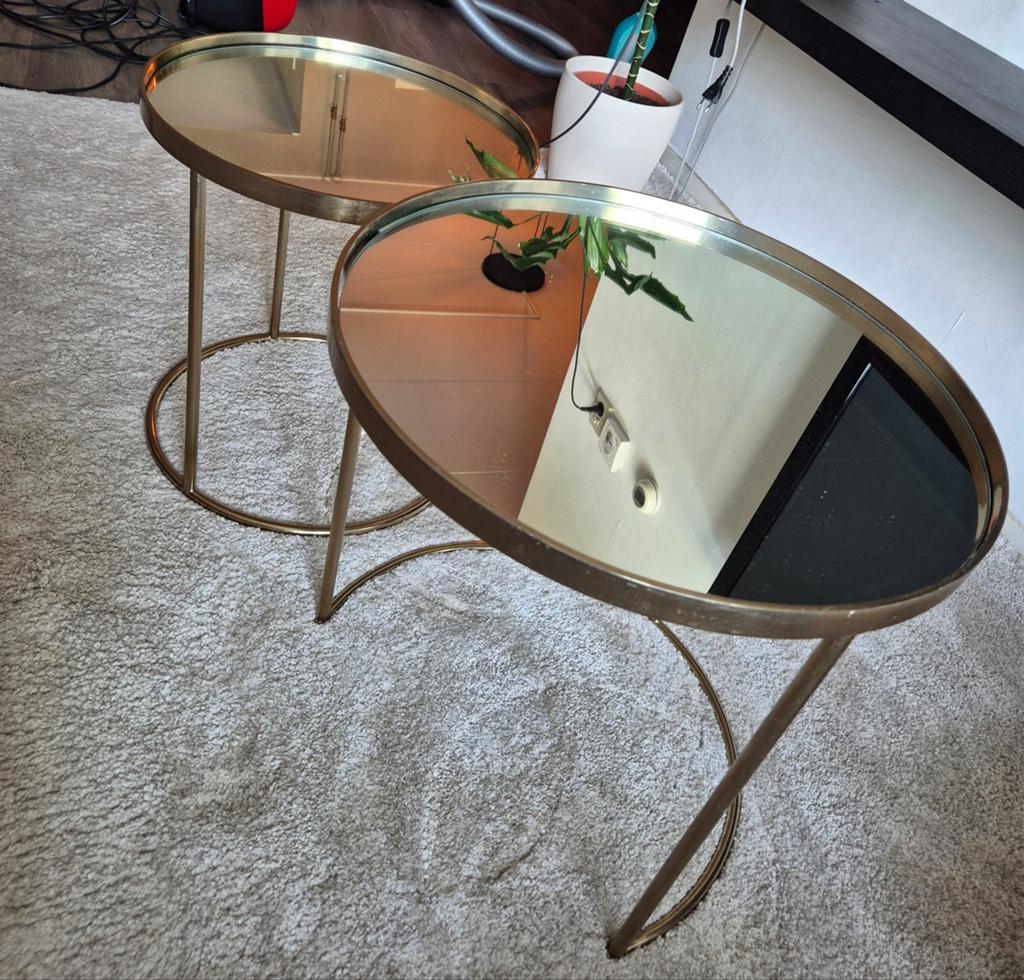 Gouden tafels met spiegelblad van Zara., Huis en Inrichting, Tafels | Bijzettafels, Minder dan 55 cm, Rond, Zo goed als nieuw