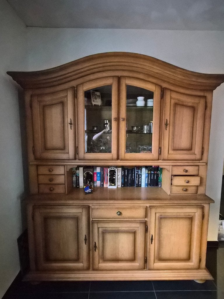 Complete set: Eiken meubels - kasten, tafels, stoelen, Ophalen, Gebruikt, Blank gepatineerd eiken, 150 tot 200 cm