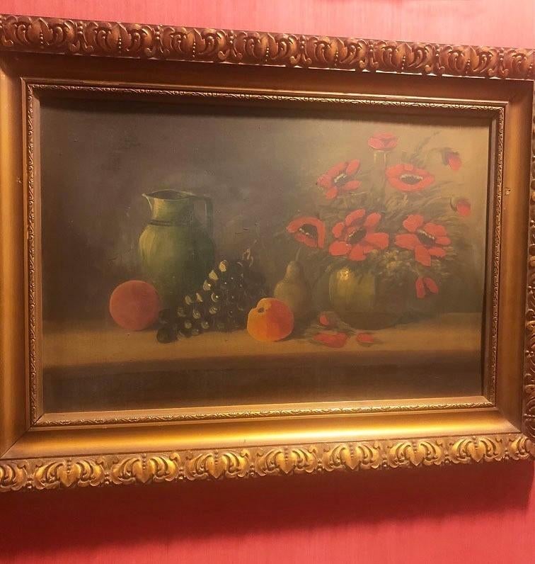 Oud schilderij klassiek met bloemen, vaas en fruit - barok