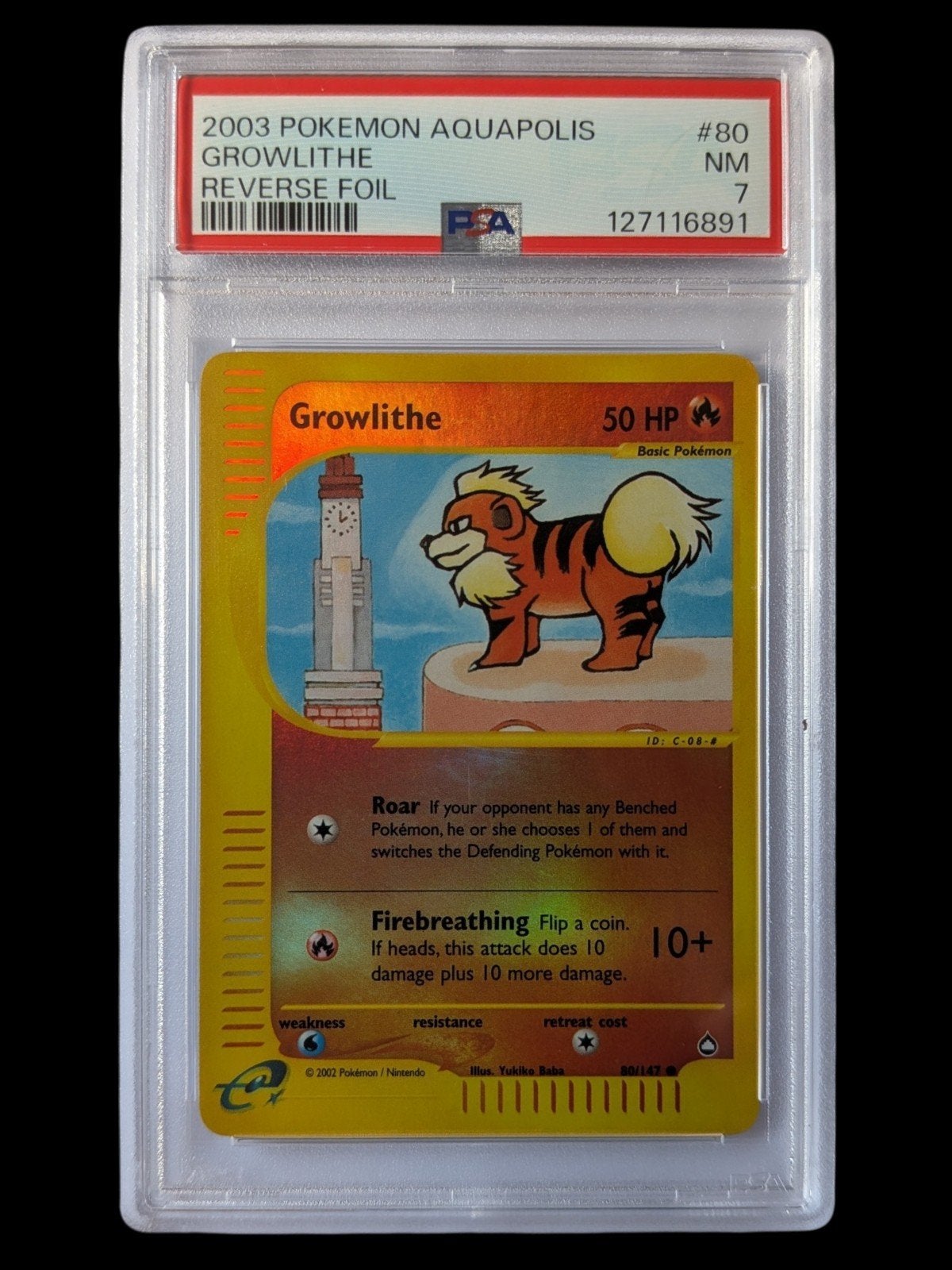2003 Pokémon Aquapolis Growlithe Reverse Foil PSA 7, Ophalen of Verzenden, Zo goed als nieuw, Losse kaart, Foil