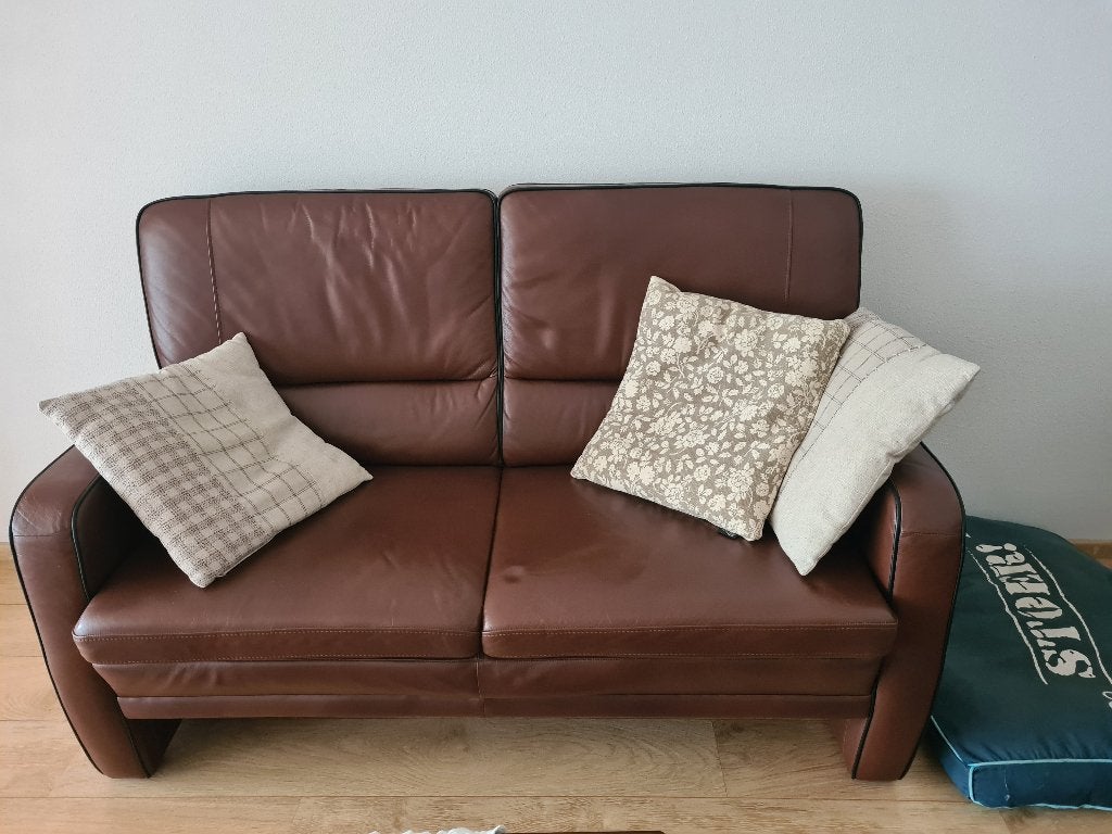 Bruin leren Bank stel 2 en 2 1/2 zits en lig stoel, Huis en Inrichting, Ophalen, Gebruikt, 75 tot 100 cm, Leer