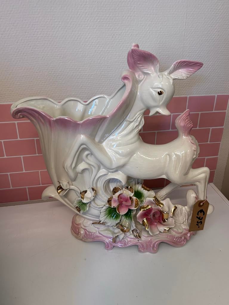 Vintage Hully Pottery Hert Vaas Jaren '50 - Een Parel!, Ophalen of Verzenden