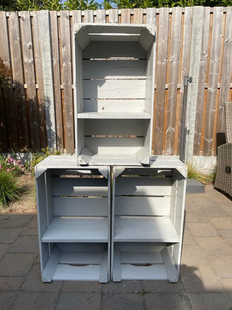3 grijze gelakte houten kratten voor in de tuin, Ophalen, Gebruikt