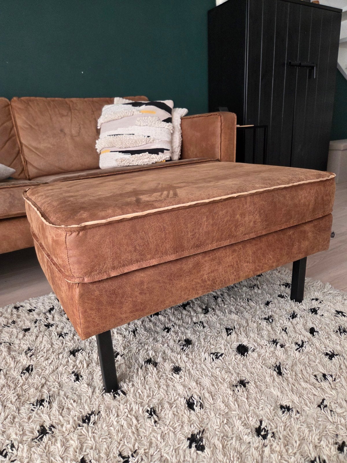 WOOOD Rodeo Hocker Cognac Leer/PES, Ophalen, Zo goed als nieuw, Vierkant, Leer