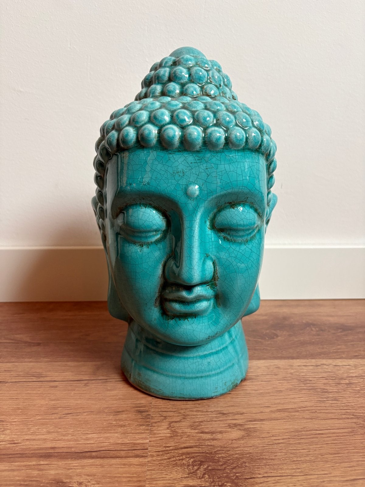Prachtige Boeddha hoofd turquoise keramiek, Huis en Inrichting, Ophalen, Zo goed als nieuw, Steen/keramiek, Overige kleuren