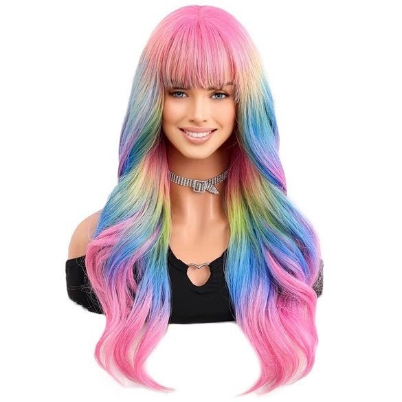 Multi color sorbet kleuren pruik lang haar met slagen met po, Ophalen of Verzenden, Nieuw, Pruik of Haarverlenging