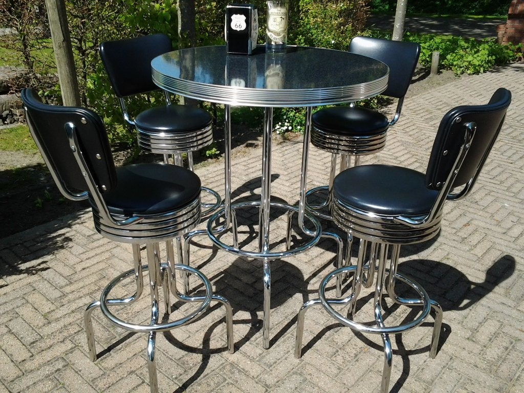 Bel Air bartafel + 4 Amerikaanse barkrukken fifties sixties, Huis en Inrichting, Barkrukken, Ophalen, 60 tot 90 cm, Met voetsteun