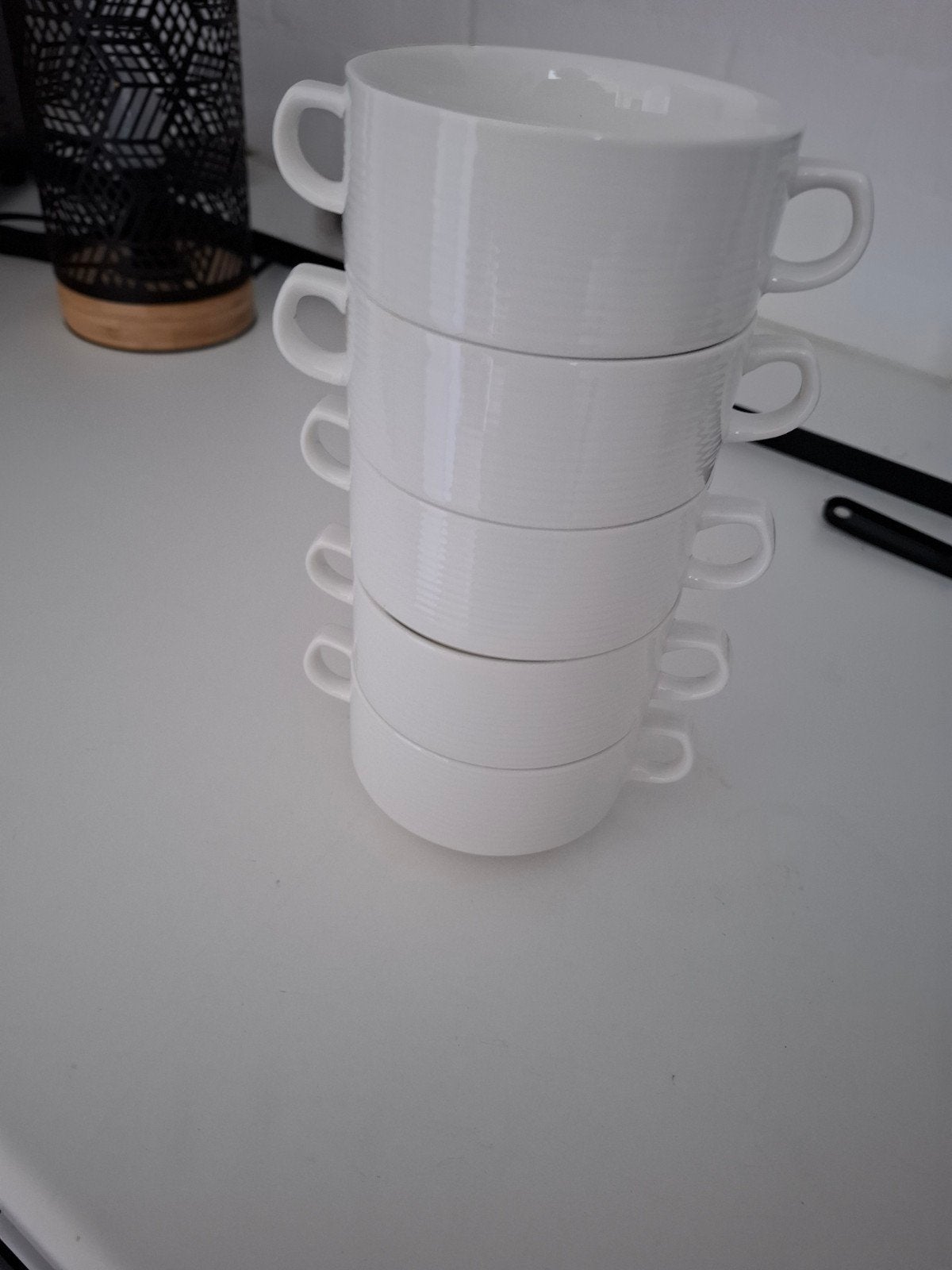 Set van 5 witte soepkommen met oren, Ophalen of Verzenden