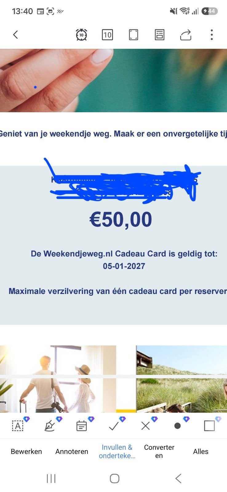 cadeaukaart weekendjeweg ter waarde van €50, Eén persoon, Cadeaubon
