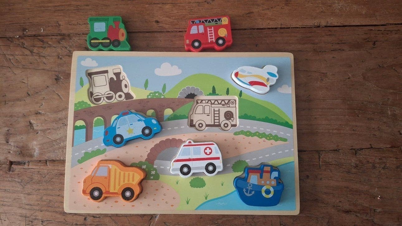 Houten voertuigen puzzel in zeer goede staat, Ophalen, Zo goed als nieuw, Puzzelen