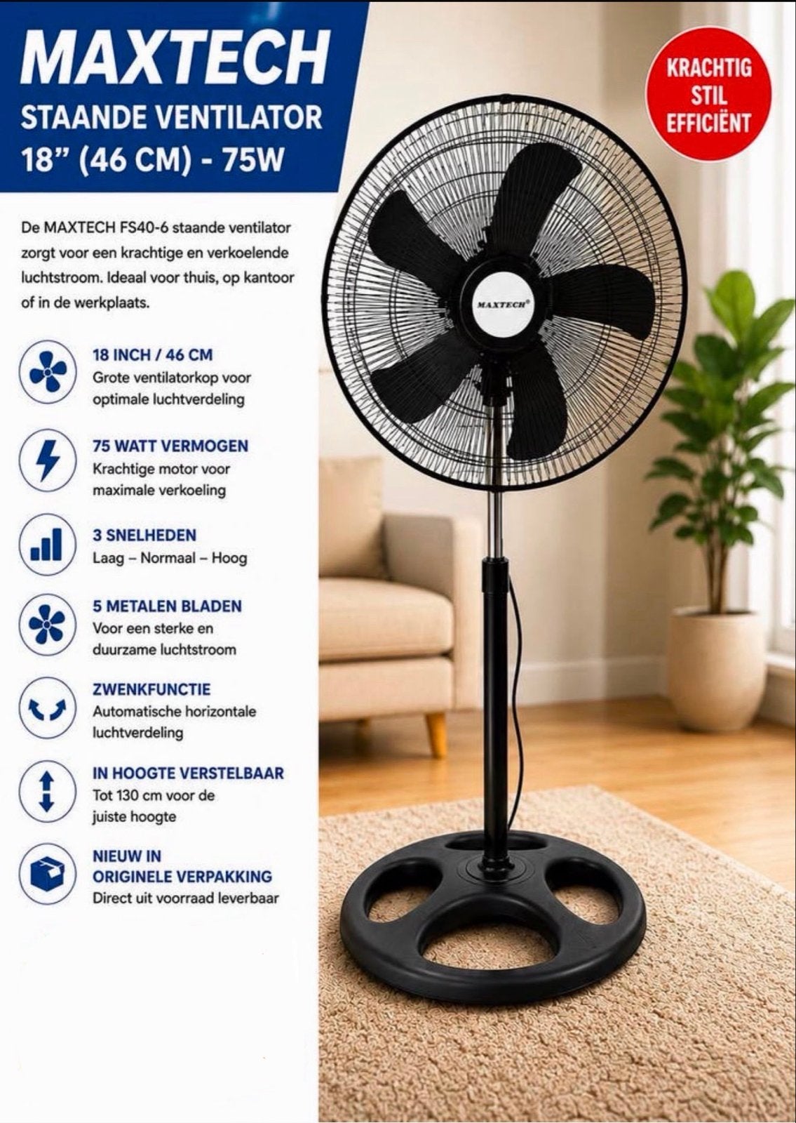New in box Staande Ventilator 46 CM - 75W, Hoogte Verstel, Witgoed en Apparatuur, Ventilatoren, Nieuw, Statiefventilator, Ophalen of Verzenden