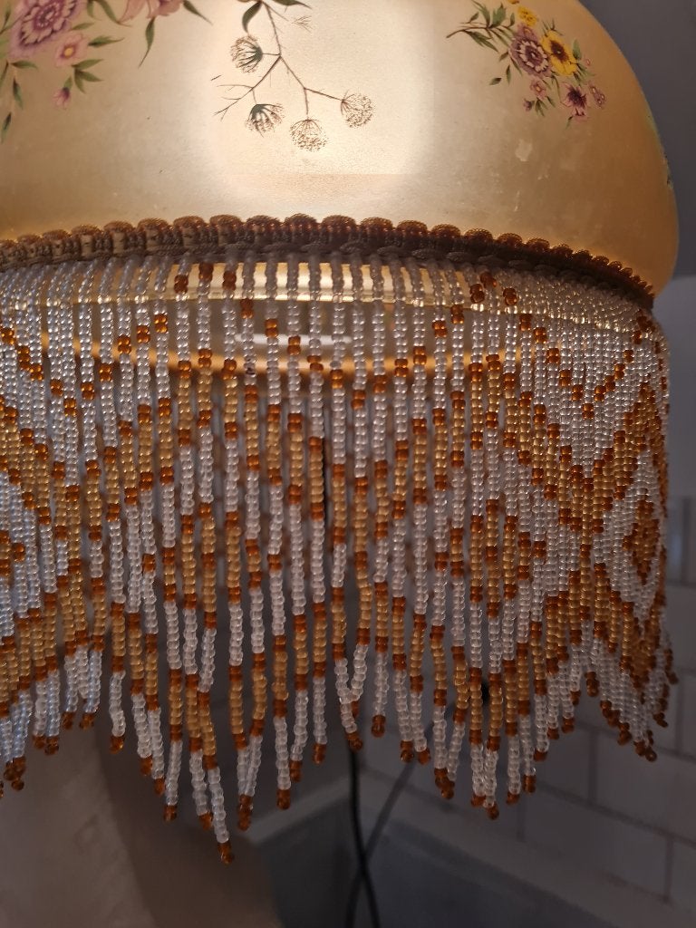 Antieke glazen plafondlamp met kraaltjes foto 1 t/m 4, Ophalen of Verzenden