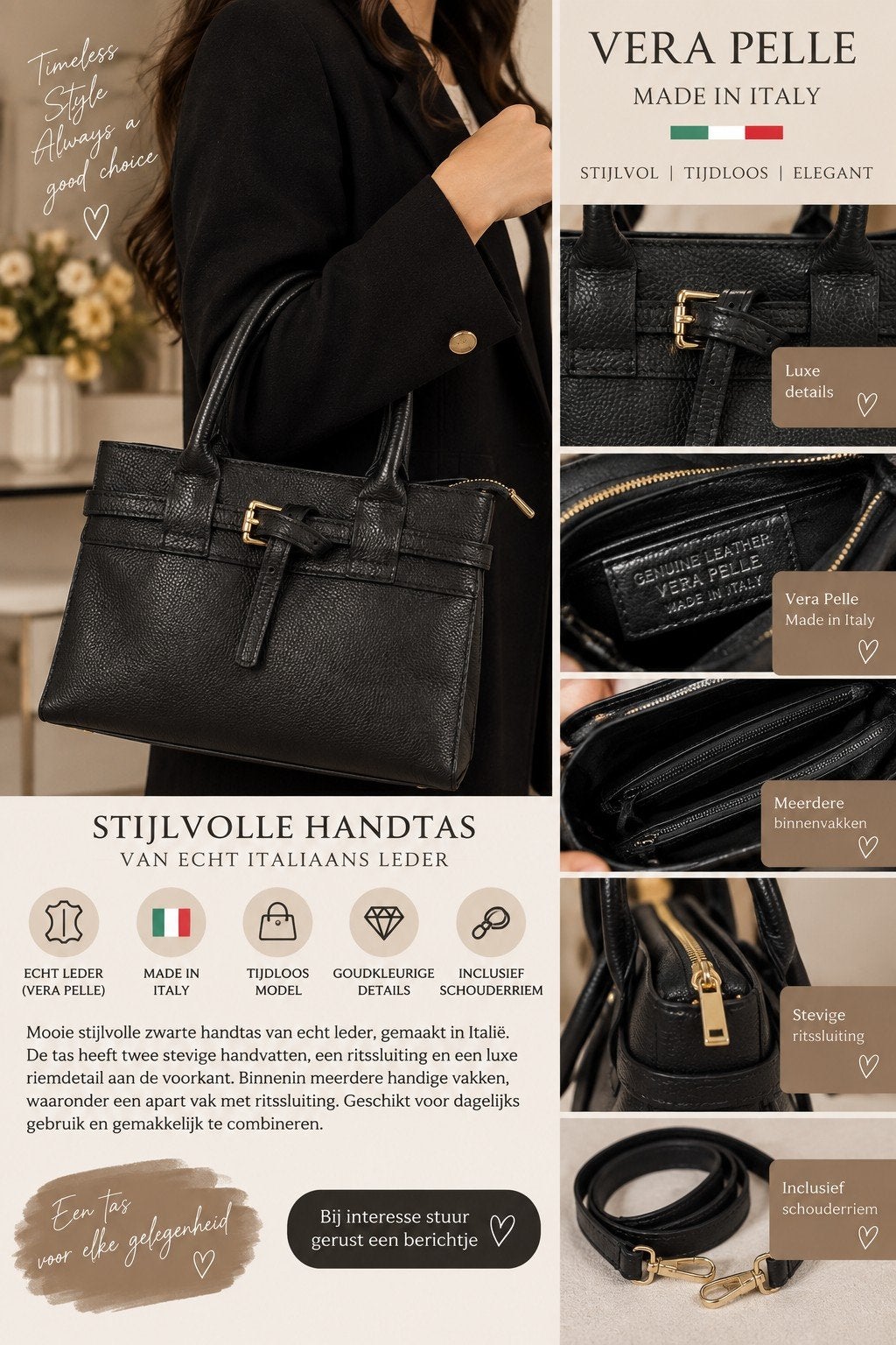 Zwarte leren handtas - Vera Pelle - Made in Italy, Sieraden, Tassen en Uiterlijk, Ophalen of Verzenden