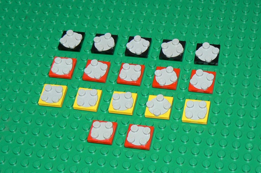 L1551 Draaischijf 2x2 zwart, rood en geel / old grey 17 st., Ophalen of Verzenden, Nieuw, Losse stenen, Lego