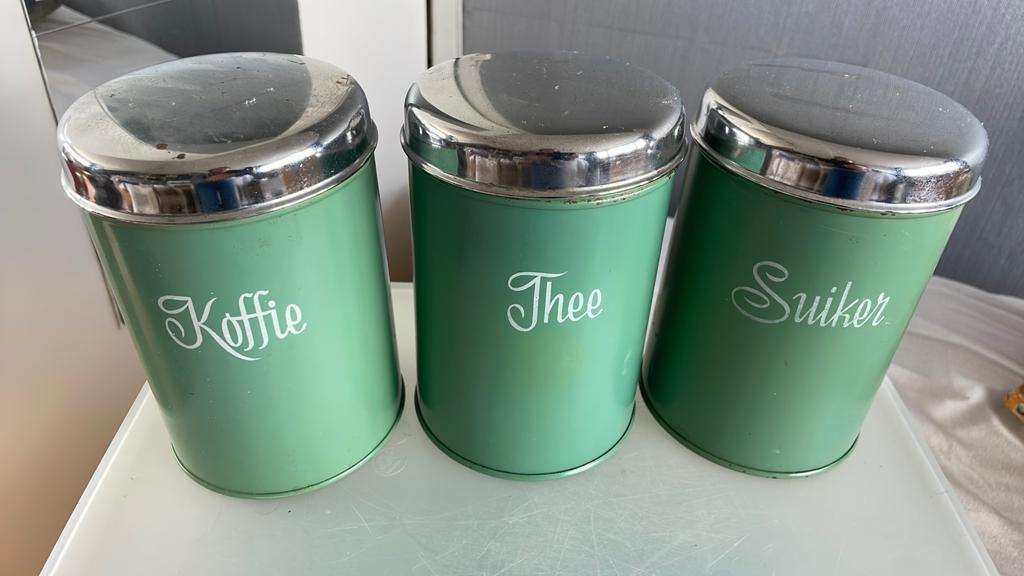 Vintage voorraadblikken Koffie, Thee, Suiker- Groen, Ophalen