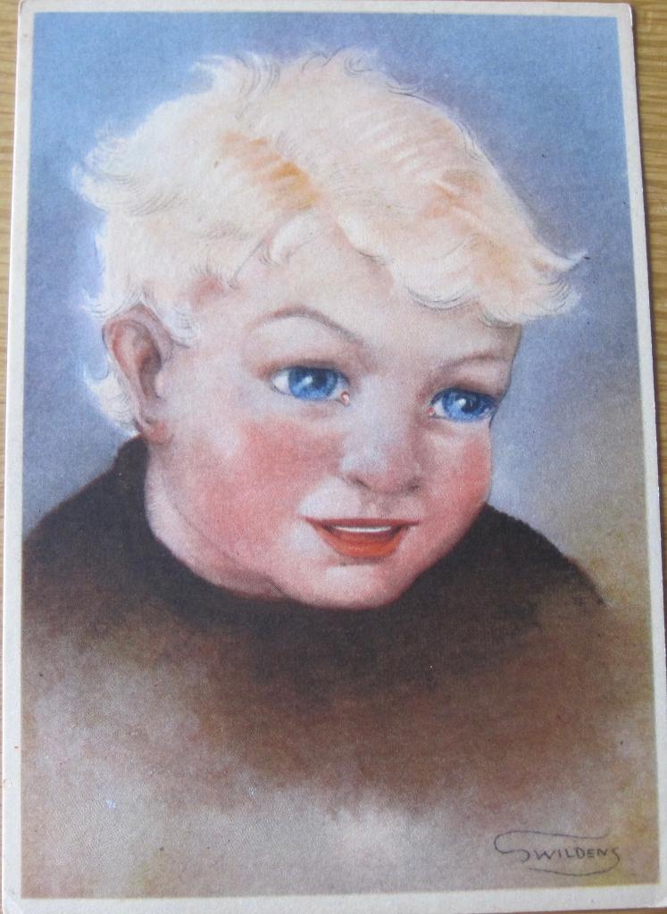 blond kind - schilderij van Swilldens op ansichtkaart - 1957, Verzenden, 1940 tot 1960, Gelopen, Kinderen