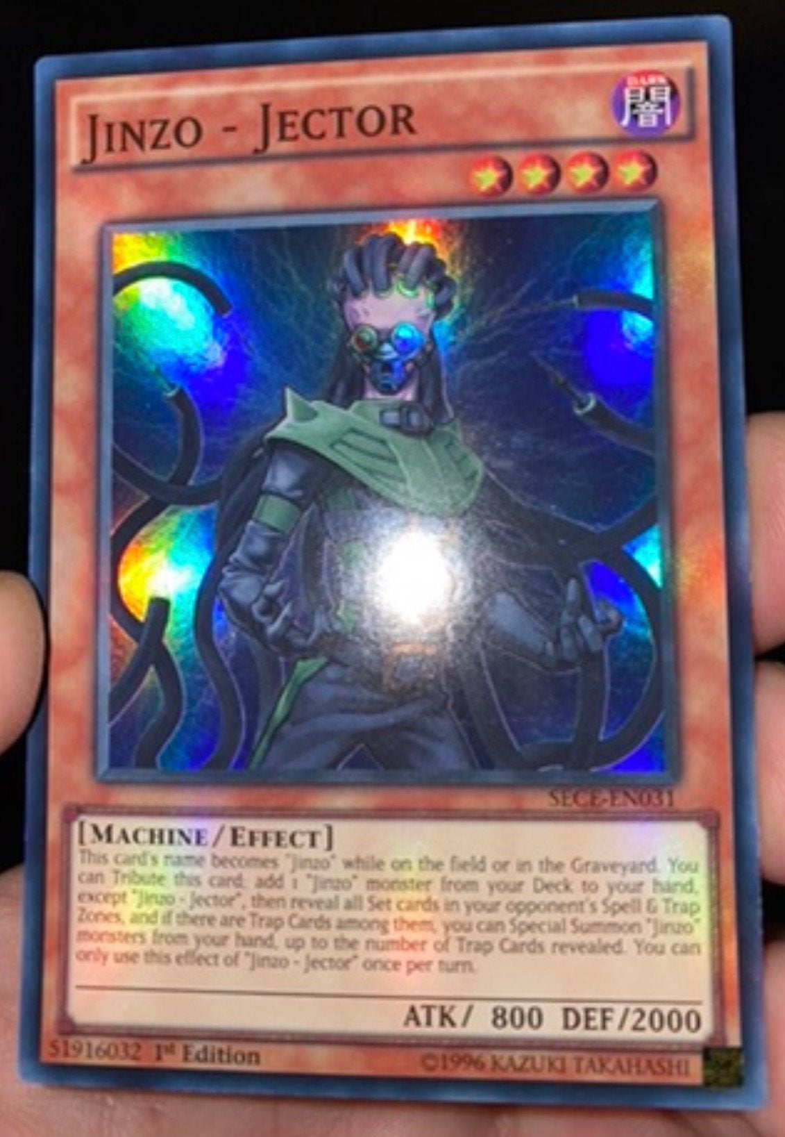 Yu-Gi-Oh! Jinzo - Jector SECE 1st Edition !, Ophalen of Verzenden, Zo goed als nieuw, Losse kaart, Foil