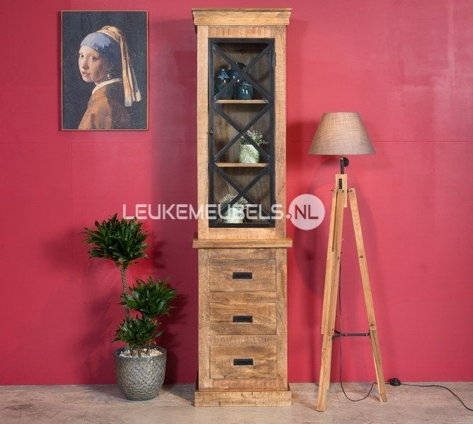 Mangohouten vitrinekast Emma, uit VOORRAAD leverbaar!!, Huis en Inrichting, 200 cm of meer, Overige houtsoorten, Industriëel, 25 tot 50 cm